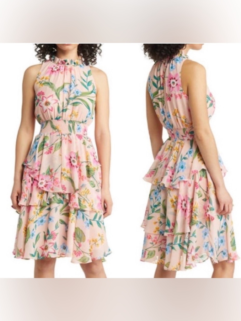 NWT Eliza J chiffon floral smock waist tiered midi dress, plus size women’s 16. - Picture 1 of 10